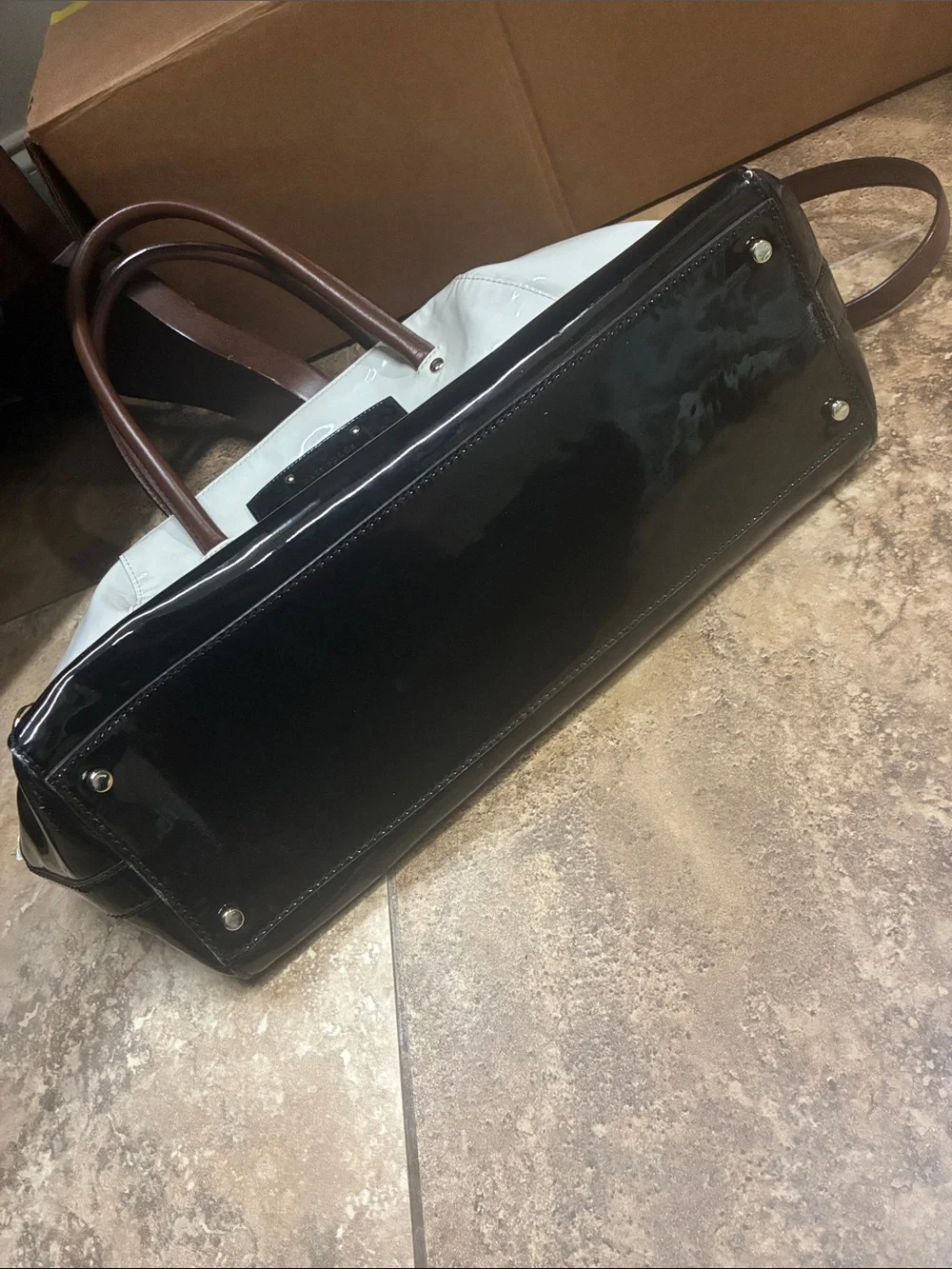 kate spade White and Black Patent Tote with Brown Handles